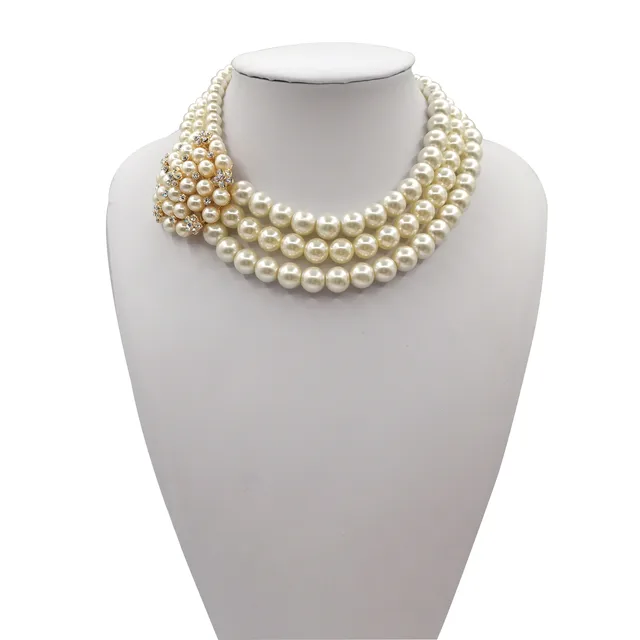 3 Strand Pearl Necklace with Brooch