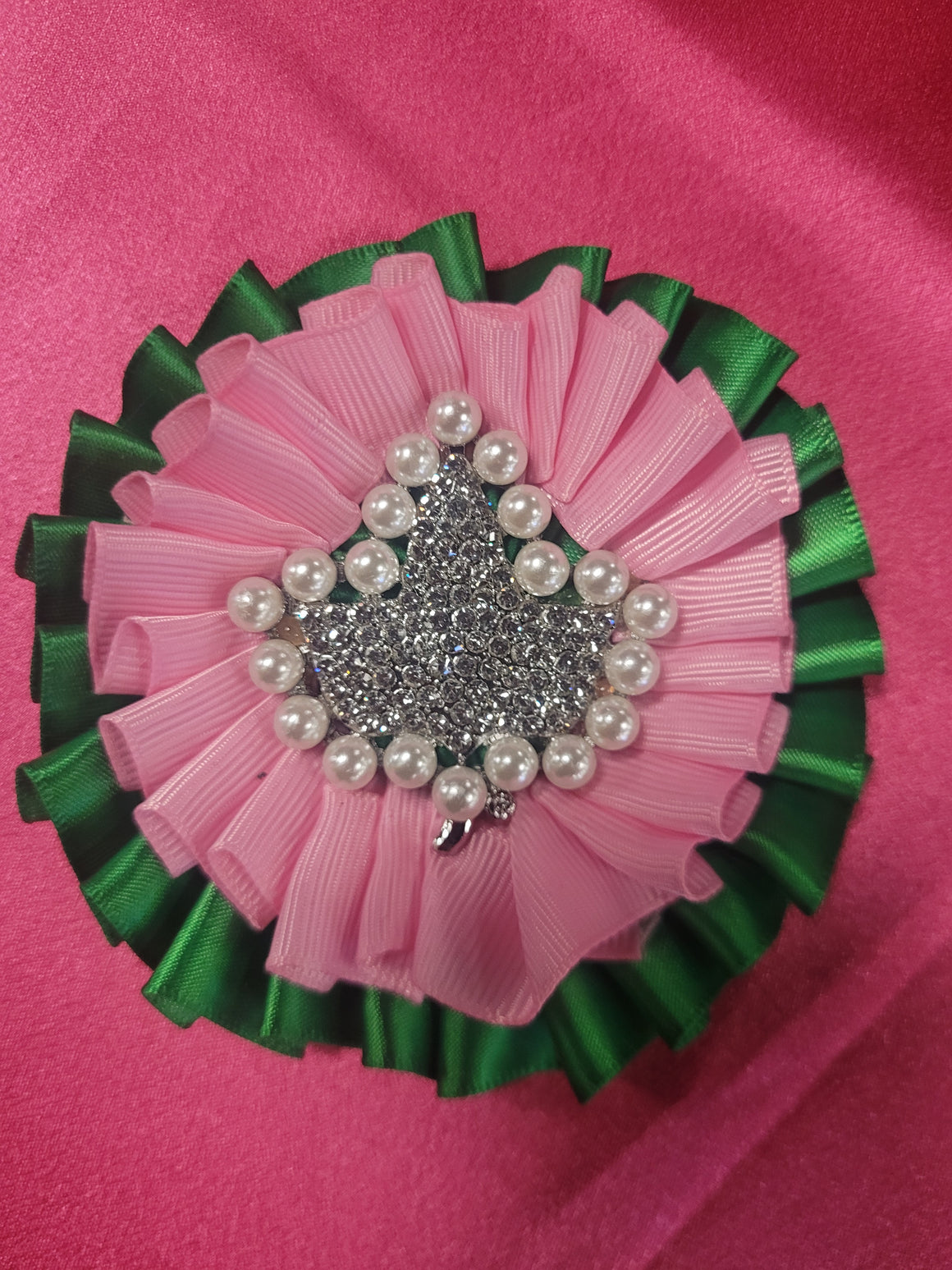 Pink and Green Ribbon brooch with Rhinestone & Pearl Ivy