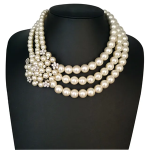 3 Strand Pearl Necklace with Brooch