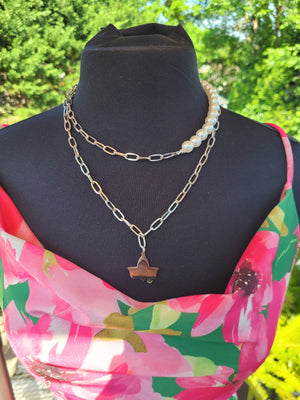 Silver Double Chain Ivy & Pearl Necklace
