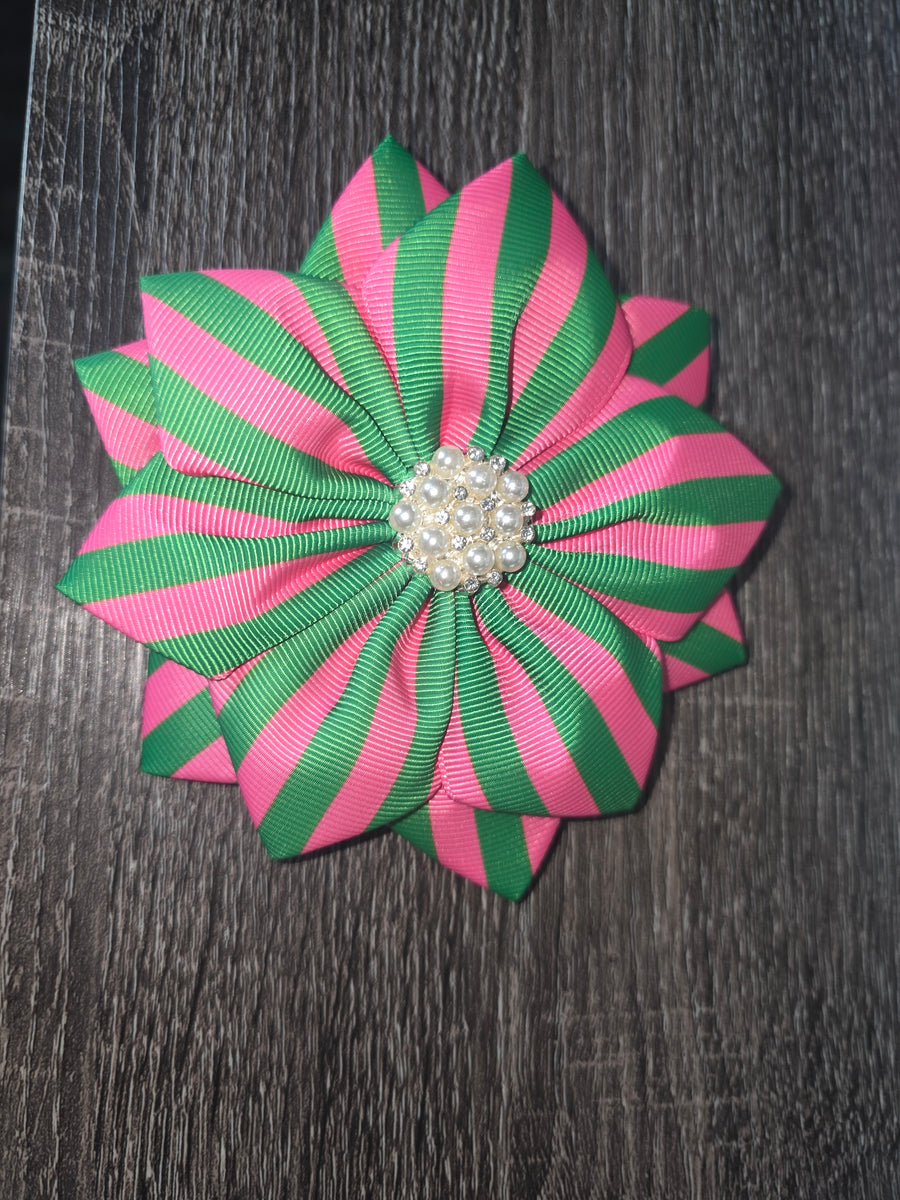 Pink & Green Strip Flower Brooch with pearls