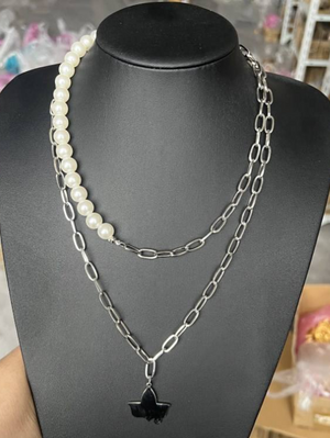 Silver Double Chain Ivy & Pearl Necklace