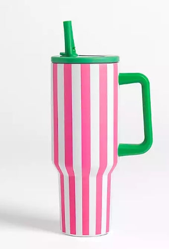 Large Pink & Green Cabana Stripe 40 oz. Insulated Tumbler