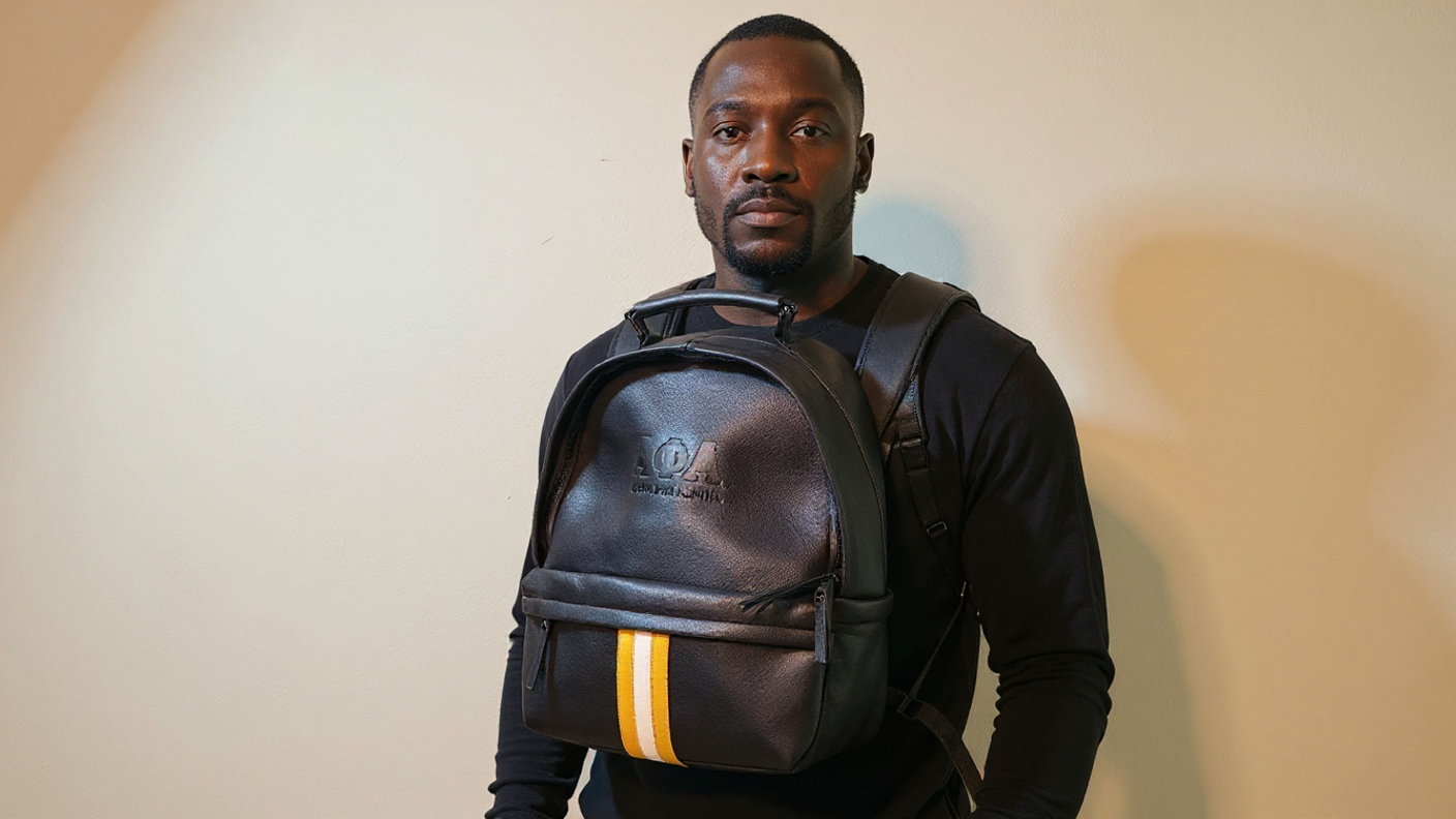 black and gold leather backpack mens Alpha Designer Embossed Backpack