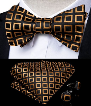 Black & Gold Squares Bow tie and Hanky Set