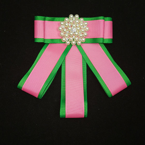Pink & Green Pearl Ribbon Bow Tie Brooch Pin