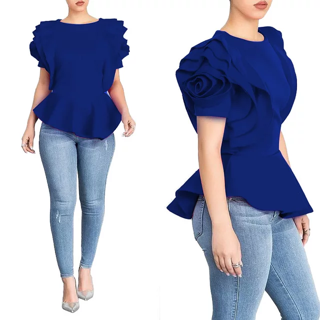 Royal Blue Petal Sleeve Peplum Blouse