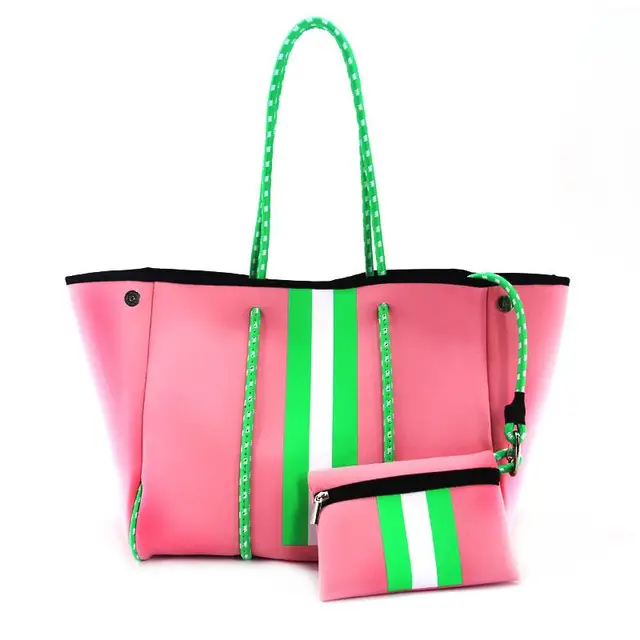 Pink and Green Stripe Camo Neoprene Tote Bag - Pressed to Impress, LLC