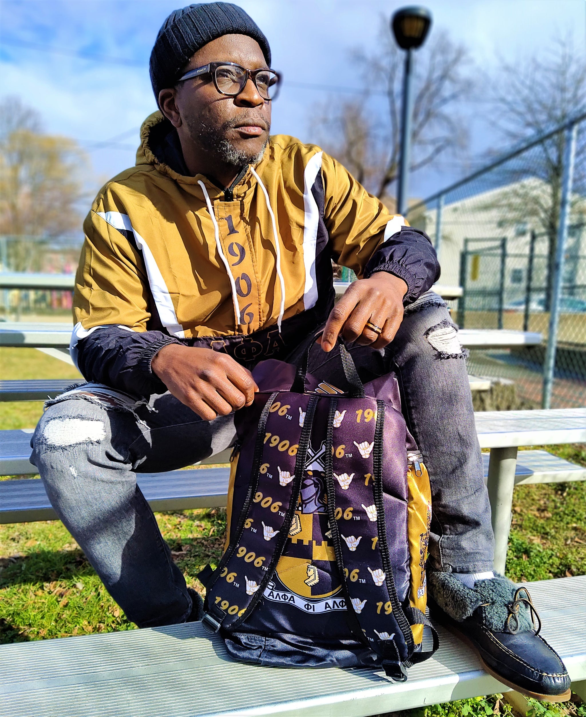 alpha phi alpha leather backpack Black & Gold Satin Alpha Backpack
