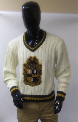 Cream V neck Sweater  with Crest