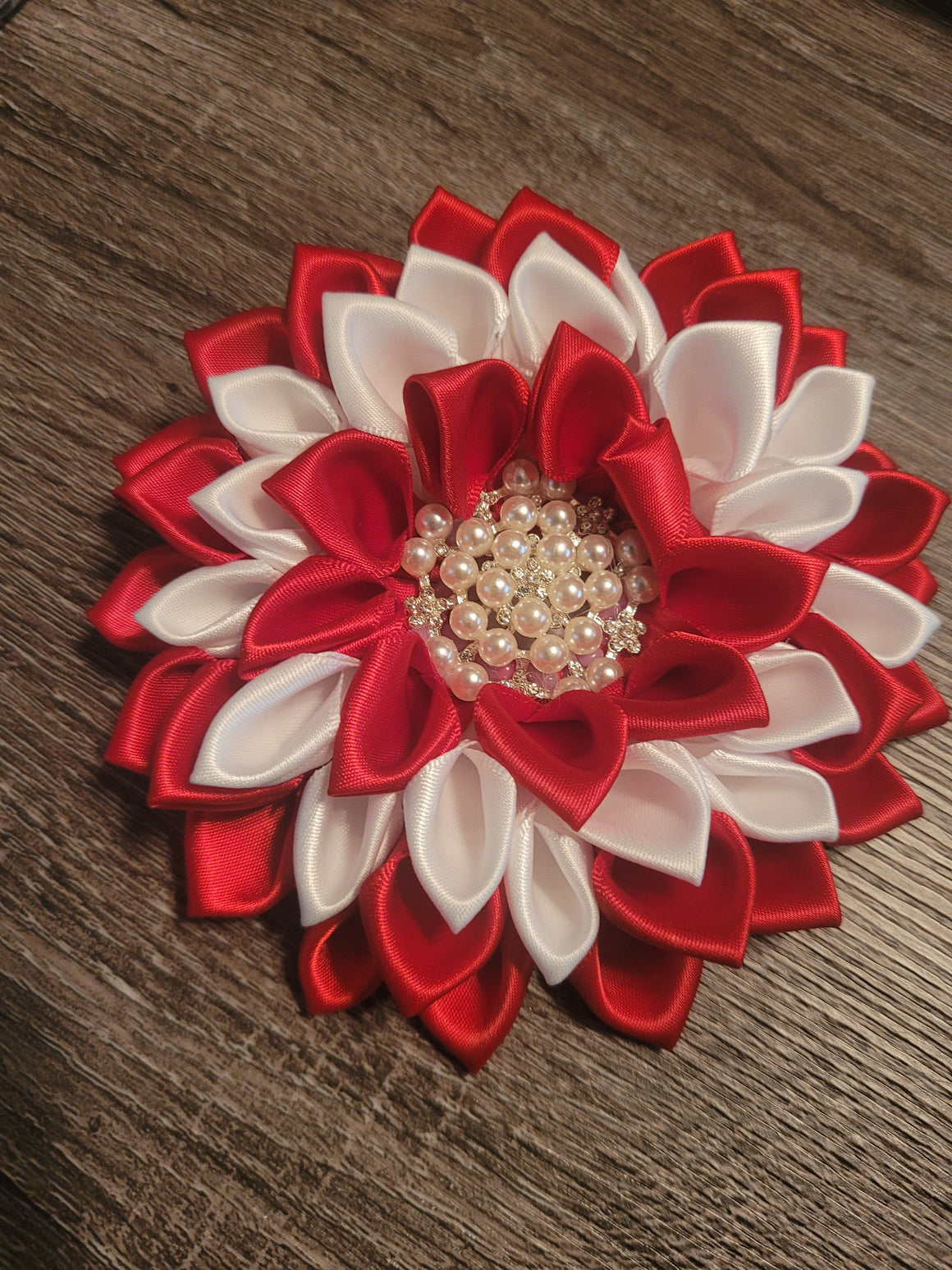 Red & White Satin Flower Pearl Brooch