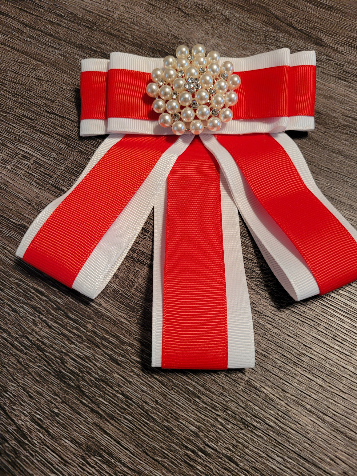 Delta Red & White Brooch Pin with Pearls