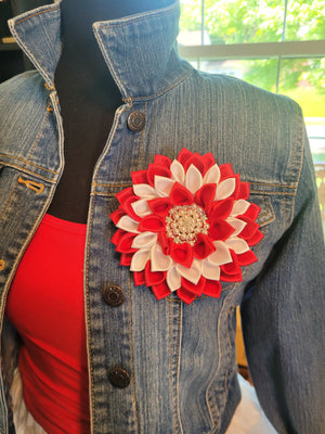 Red & White Satin Flower Pearl Brooch