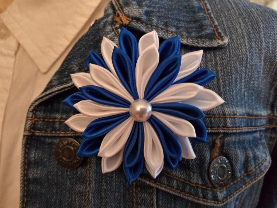 Blue & White Satin Flower Brooch