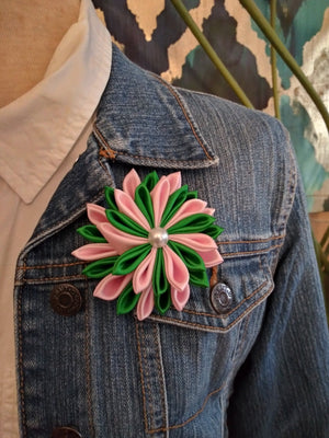 Pink & Green Satin Flower Brooch