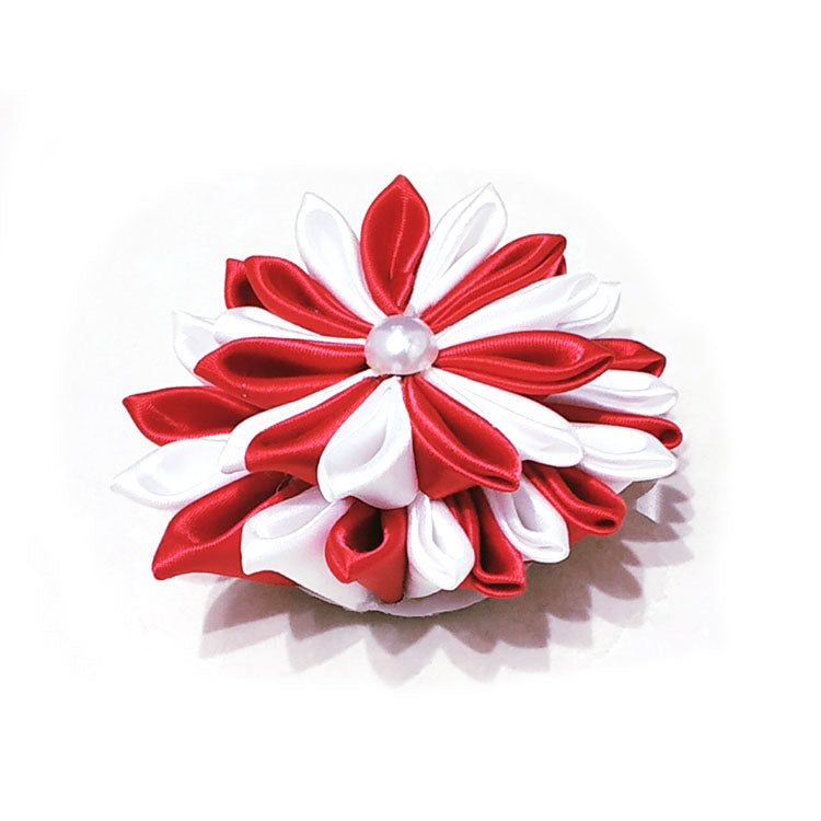 Red & White Satin Flower Brooch