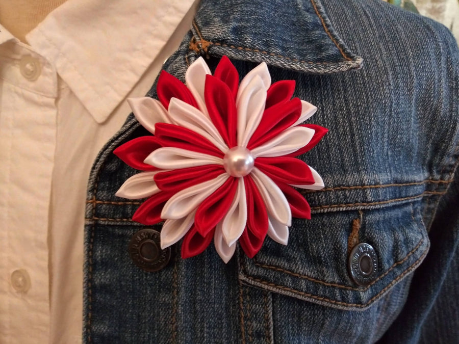 Red & White Satin Flower Brooch