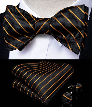 Black & Gold Striped Bow tie and Hanky Set