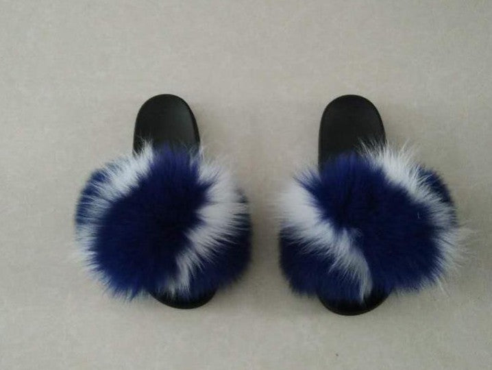 Blue and White Fox Fur Slippers