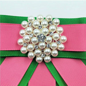 Pink & Green Pearl Ribbon Bow Tie Brooch Pin
